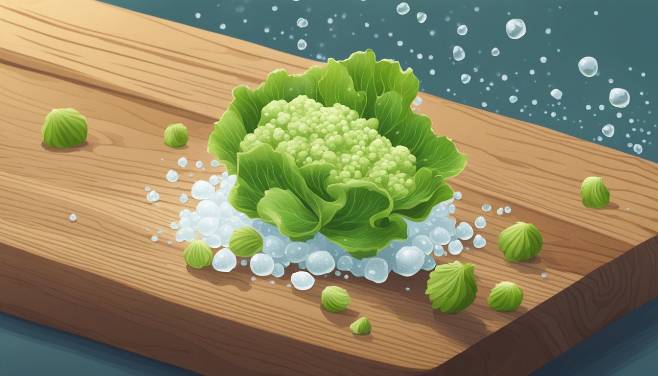 A freshly cut wasabi root sits on a wooden cutting board, surrounded by small droplets of water, with the pungent aroma wafting through the air