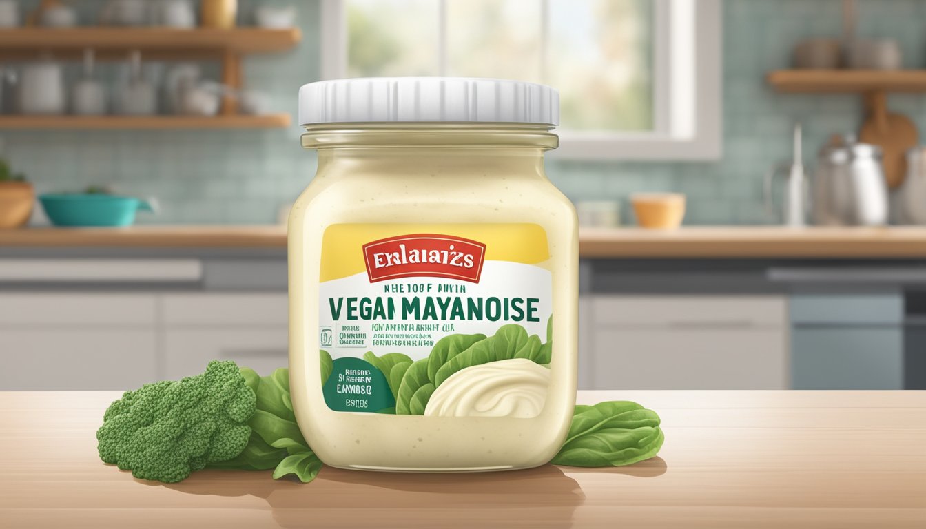 A jar of vegan mayonnaise sits on a kitchen counter, with mold forming on the edges of the lid and a foul odor emanating from the jar