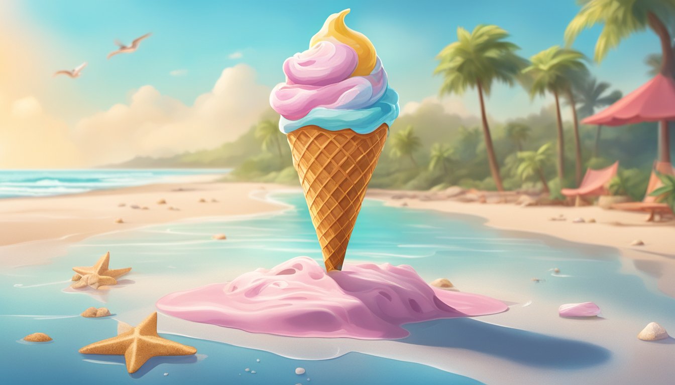 A melting vegan ice cream cone on a sunny beach, surrounded by litter-free, pristine natural surroundings