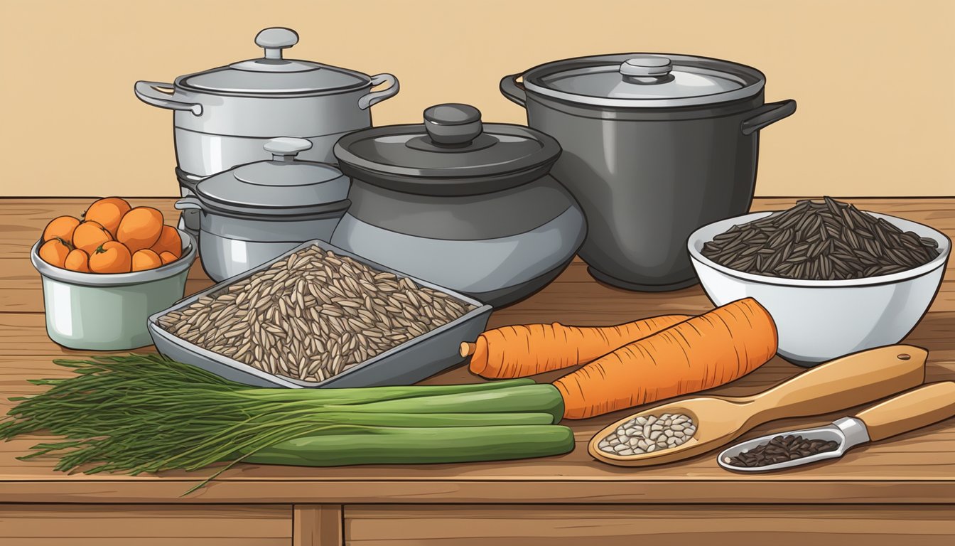 A bag of wild rice sits on a wooden kitchen counter, surrounded by various cooking utensils and a bowl of fresh vegetables