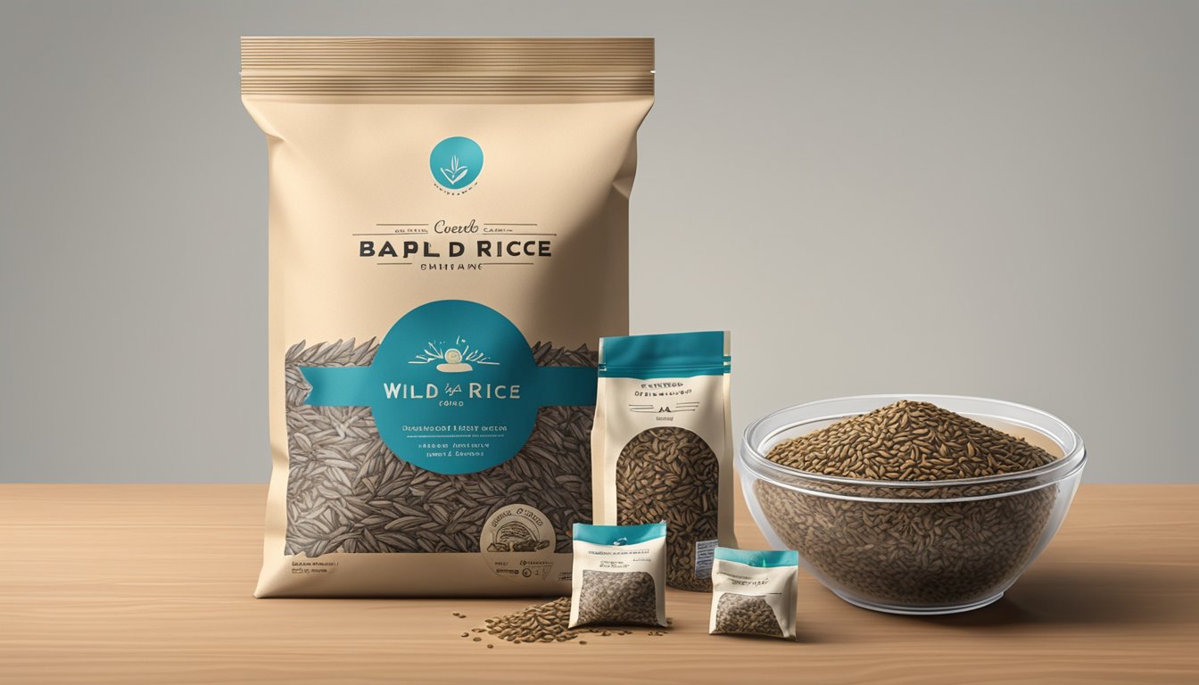 A bag of wild rice sits on a shelf, surrounded by other dry goods. The expiration date is visible on the packaging