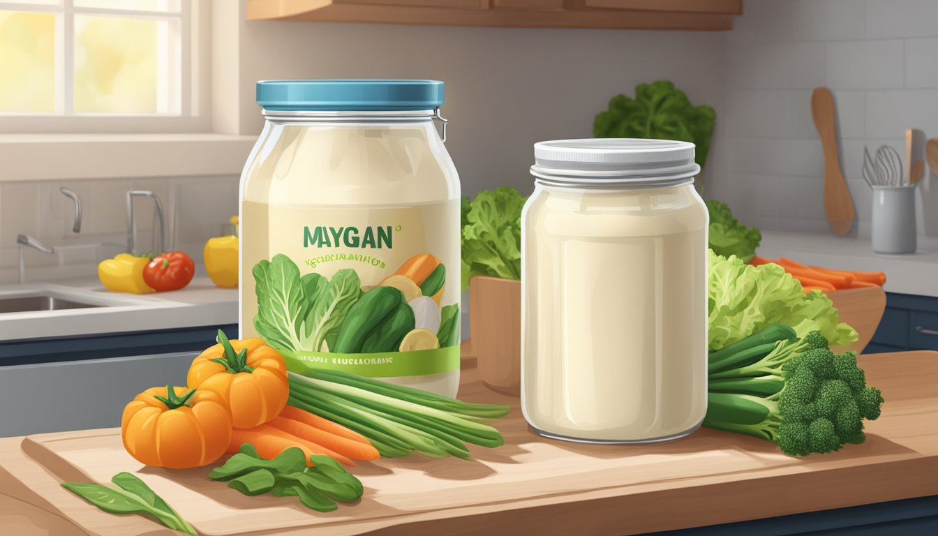 A jar of vegan mayonnaise sits unopened on a clean kitchen counter, surrounded by fresh vegetables and a cutting board