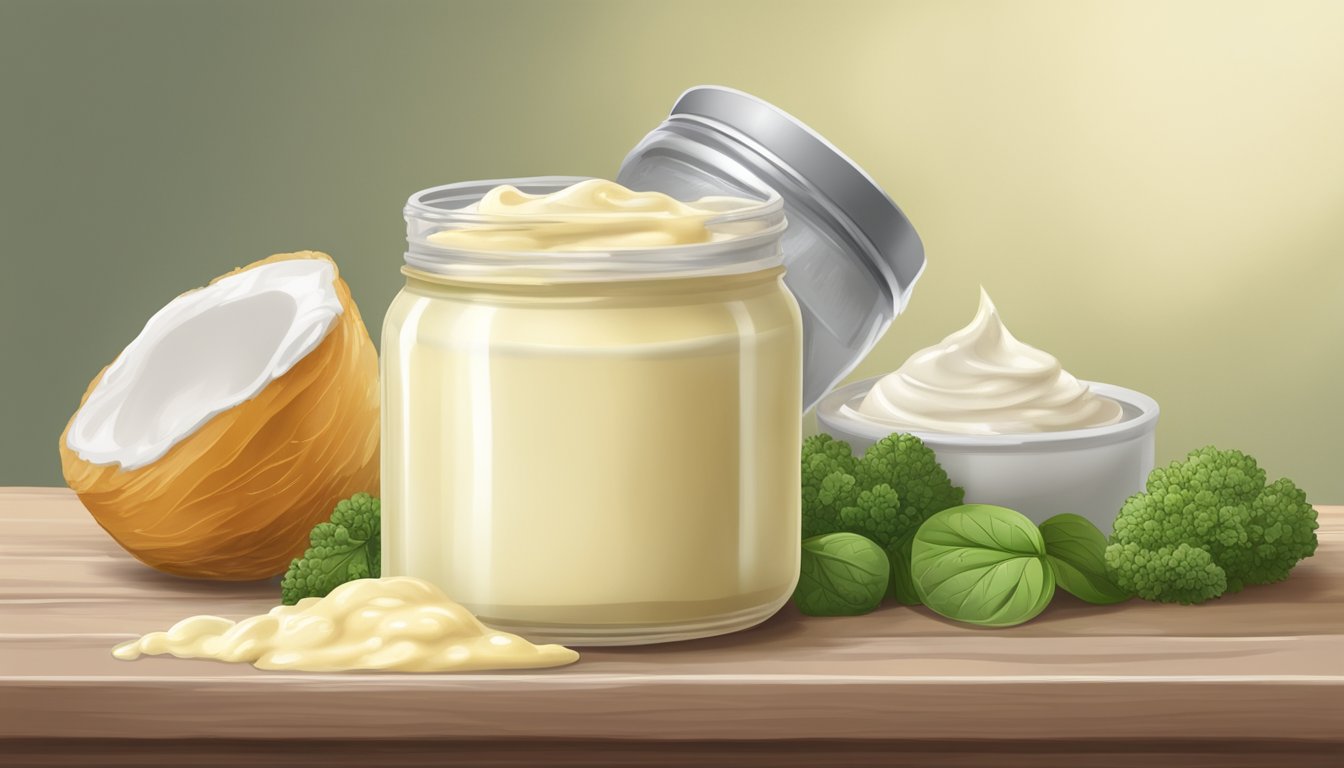 An open jar of vegan mayonnaise with a foul odor, separated texture, and mold growth