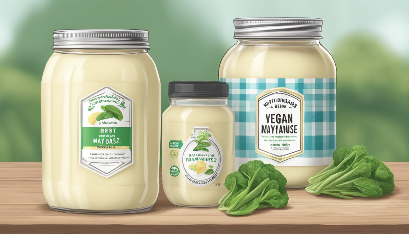 A jar of vegan mayonnaise sits next to a traditional mayonnaise jar. The vegan jar is labeled with plant-based ingredients and a "best by" date