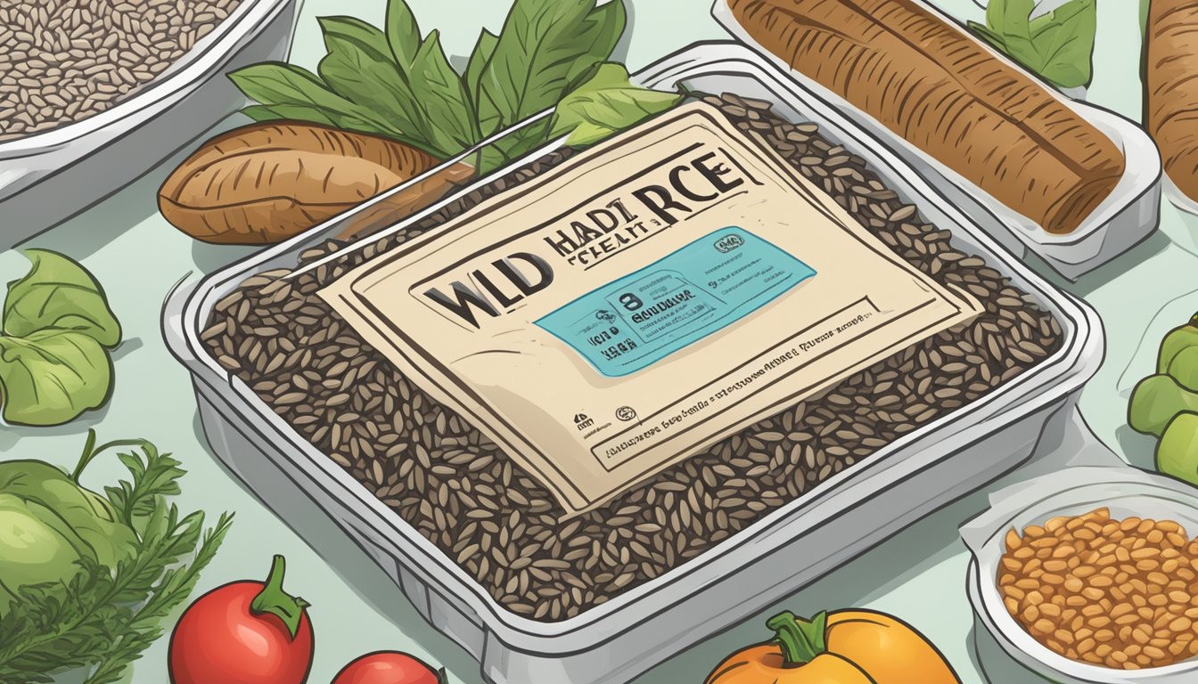 A sealed package of wild rice with a clear expiration date, surrounded by fresh produce and labeled with safety and health symbols