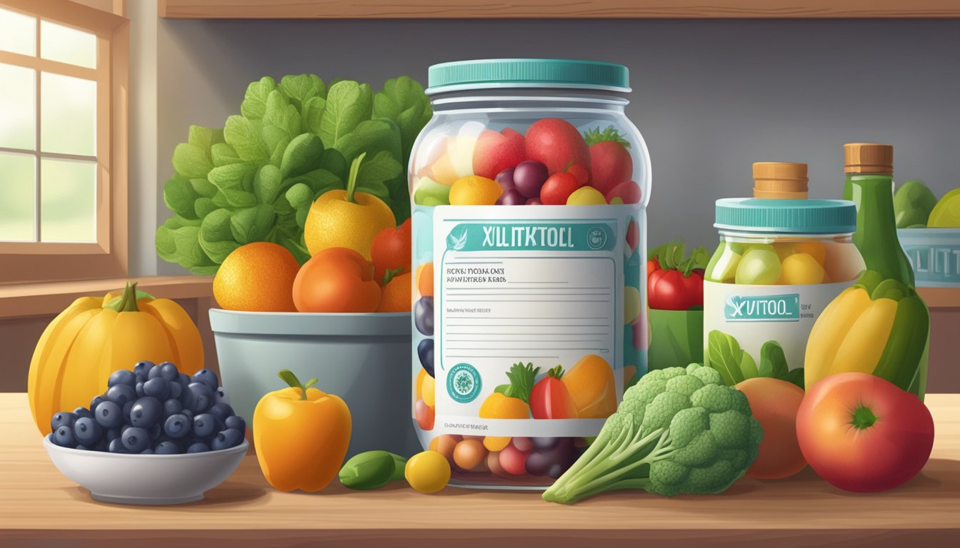 A jar of xylitol sits on a shelf, surrounded by fresh fruits and vegetables. The label indicates the expiration date, while a nutritionist's certificate hangs nearby