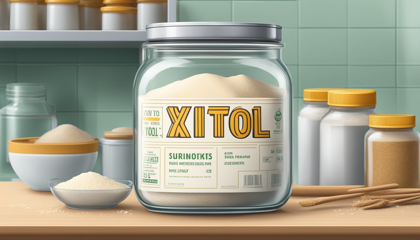 A clear glass jar of xylitol sits on a kitchen shelf, surrounded by other baking ingredients. The label on the jar indicates the expiration date