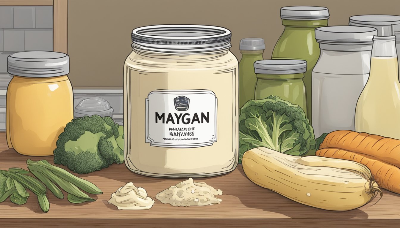 A jar of vegan mayonnaise sits on a kitchen counter, surrounded by various food items. The lid is slightly ajar, and a faint smell emanates from the jar