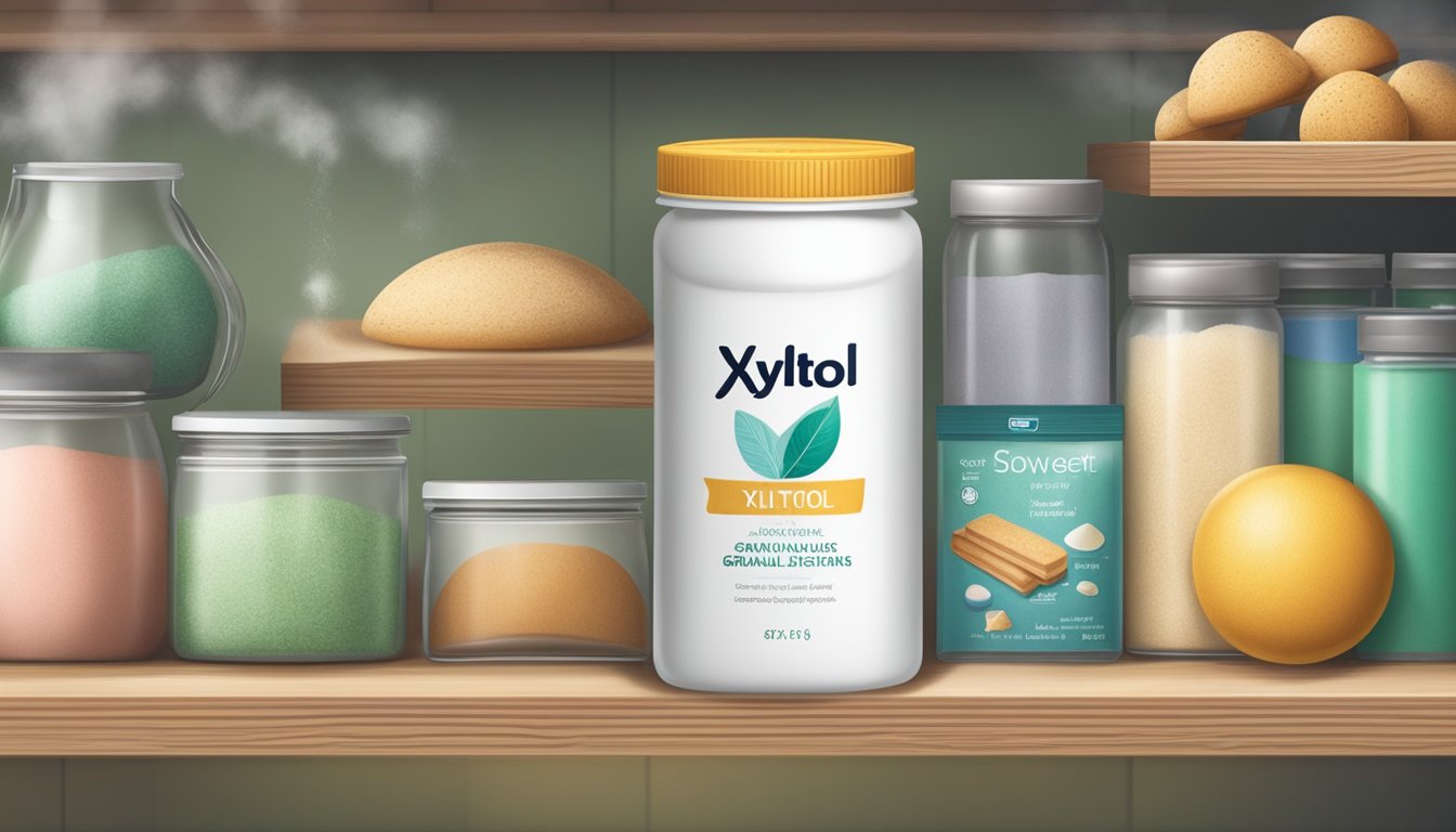 A sealed container of xylitol sits on a pantry shelf, surrounded by other baking ingredients. A small cloud of dust rises as the lid is lifted, revealing the sweet, granular substance inside