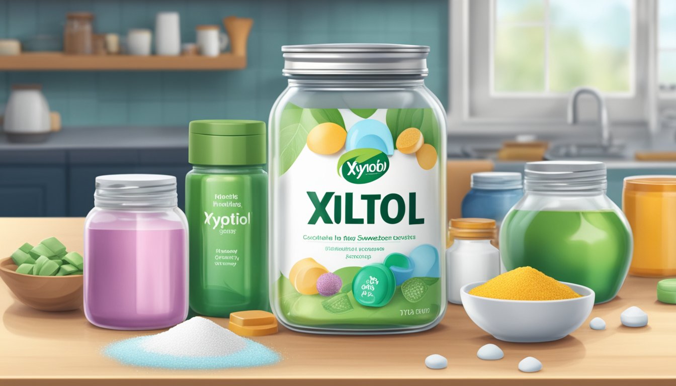 A jar of xylitol sits on a kitchen counter, surrounded by various products containing the sweetener