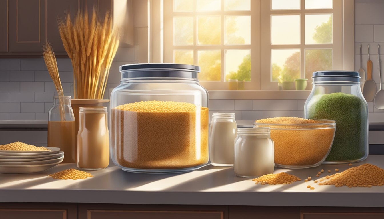 A jar of wheat germ sits on a kitchen counter, surrounded by various cooking ingredients and utensils. The sunlight streams in through the window, casting a warm glow on the scene