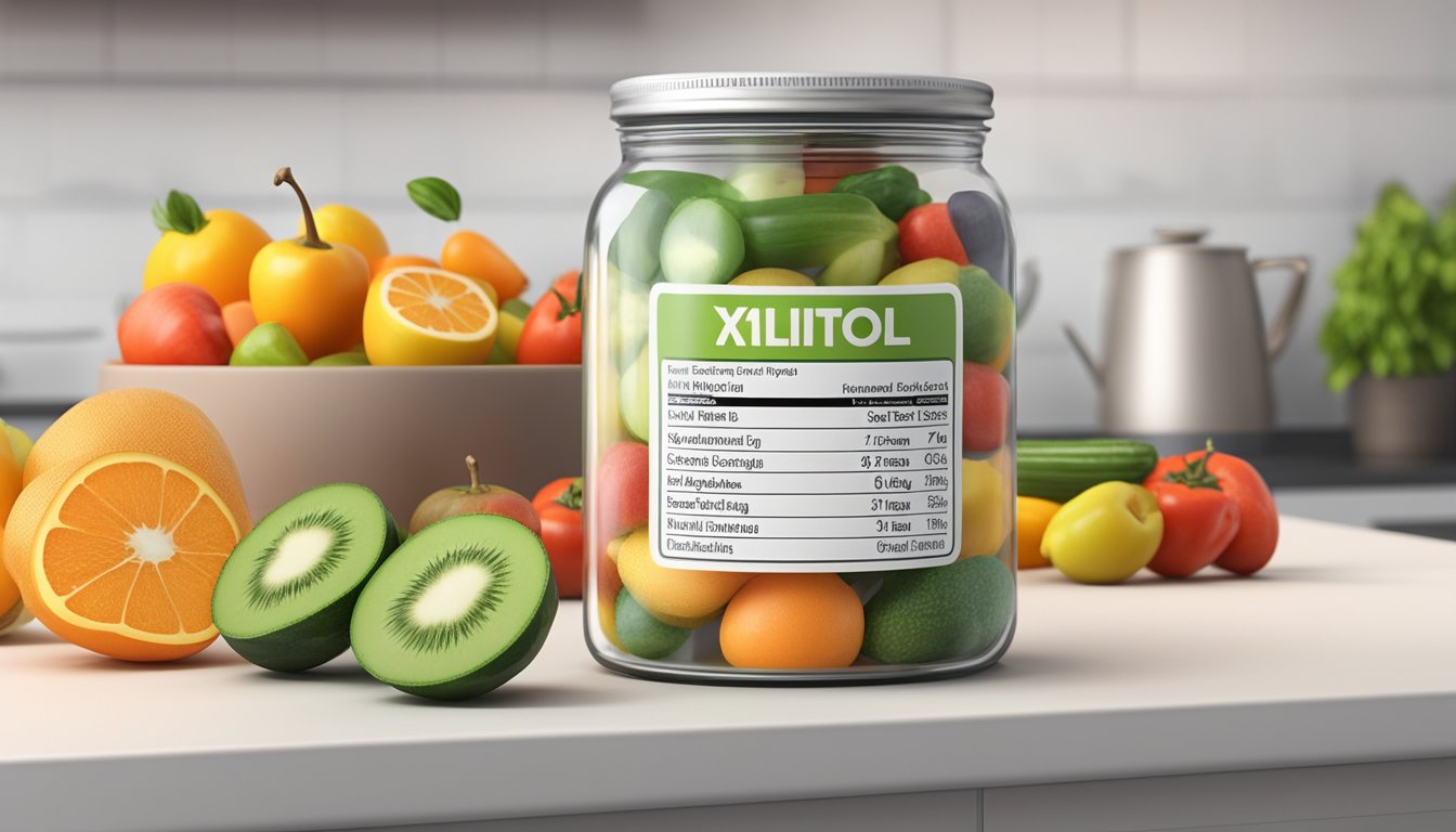 A glass jar of xylitol sits on a kitchen counter, surrounded by various fruits and vegetables. A nutrition label is visible on the jar