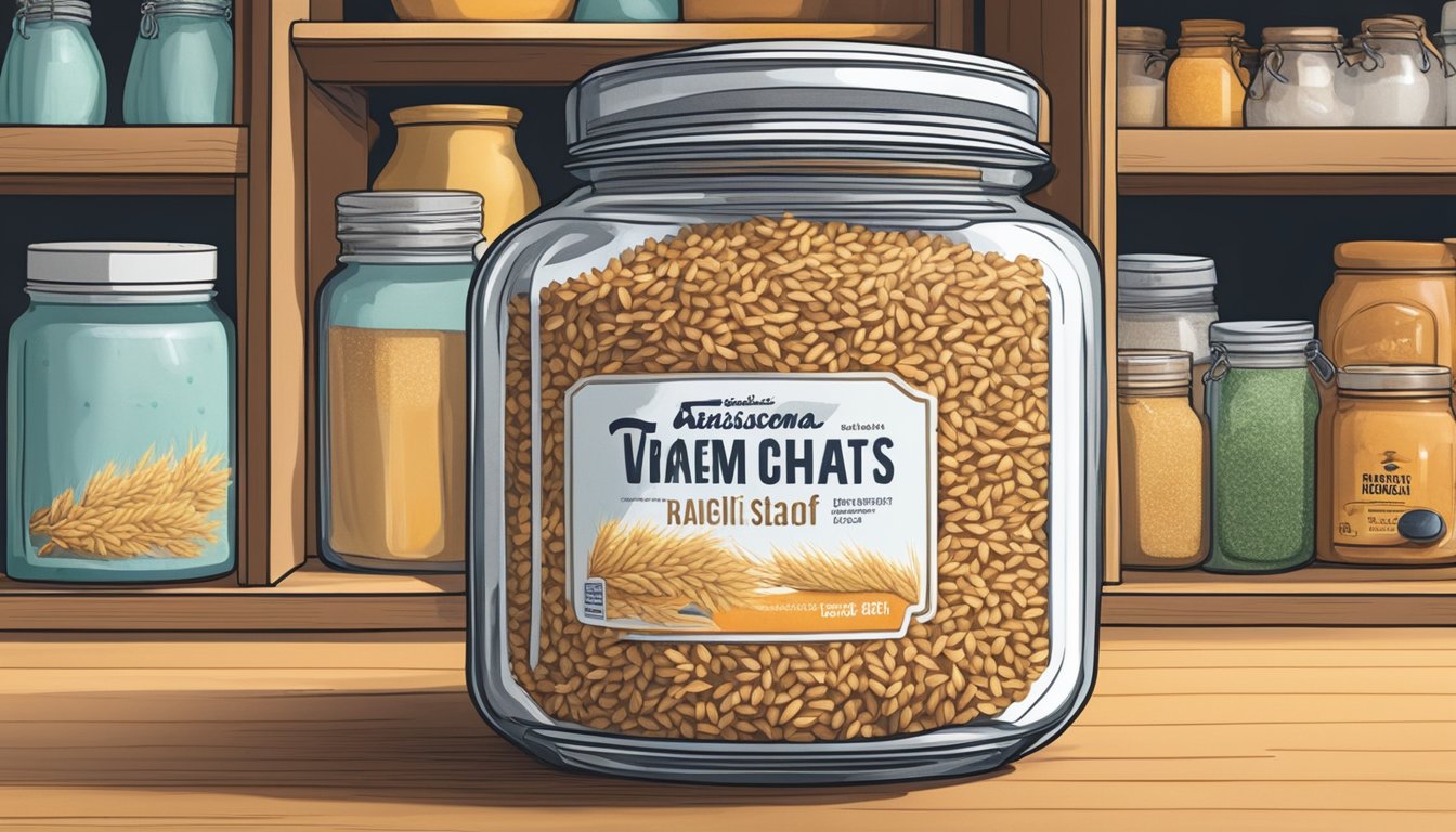 A jar of wheat germ sits on a kitchen shelf, surrounded by other pantry items. The expiration date on the label has passed, and the contents inside appear discolored and clumped together