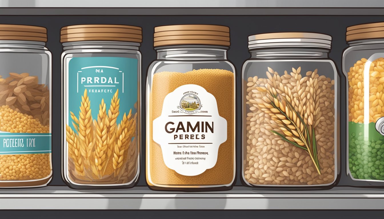 A jar of wheat germ sits on a shelf, surrounded by other pantry items. The label is facing forward, and the lid is tightly sealed