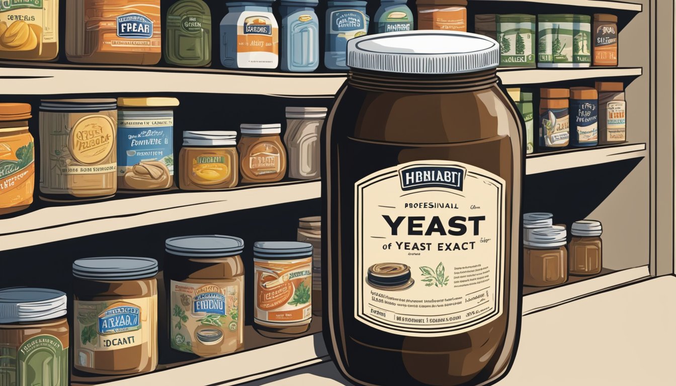 A jar of yeast extract sits on a shelf, surrounded by other pantry items. The label is clean and intact, and the contents appear to be a dark, smooth paste