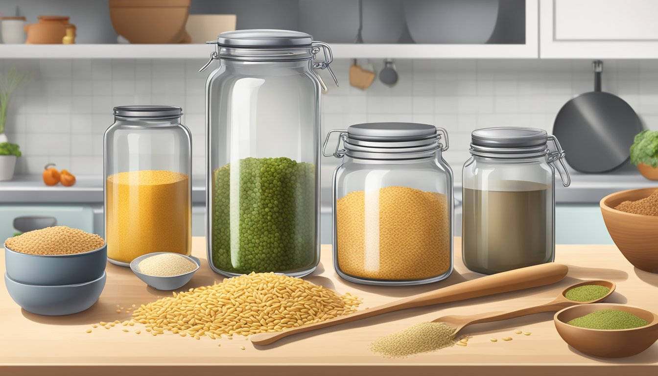 A kitchen counter with a jar of wheat germ, a measuring spoon, and various cooking ingredients scattered around