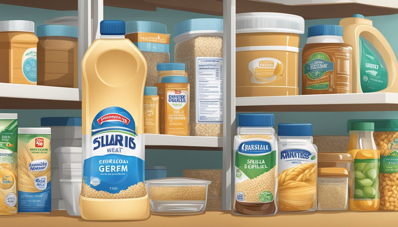 A sealed container of wheat germ sits on a shelf, surrounded by other pantry staples. The label indicates the expiration date, and a small packet of silica gel is tucked inside to absorb moisture and prevent spoilage