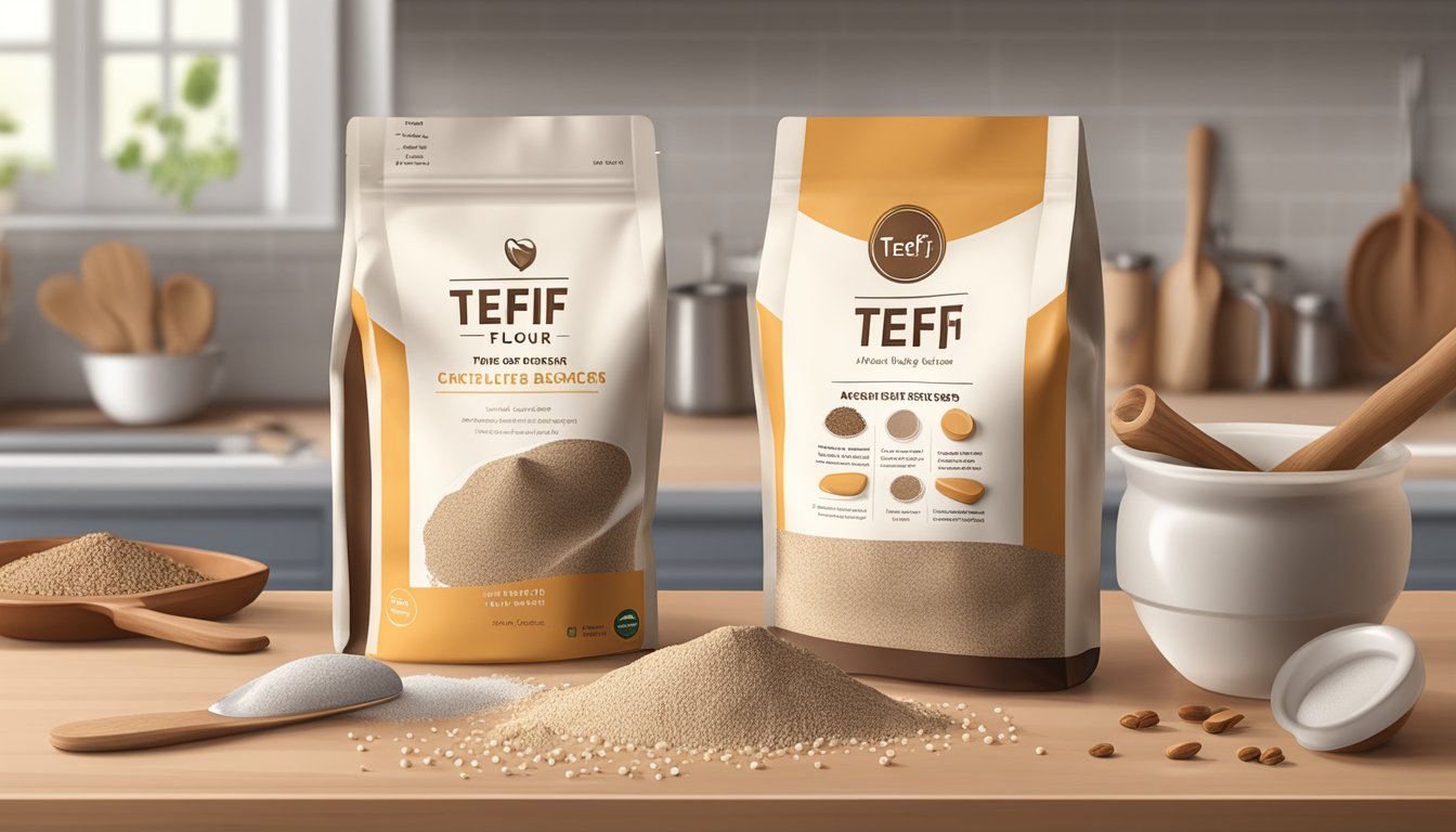 A bag of teff flour sits on a kitchen counter, with the packaging slightly open and a few grains spilled out, surrounded by a few baking utensils and a recipe book open to a teff flour recipe