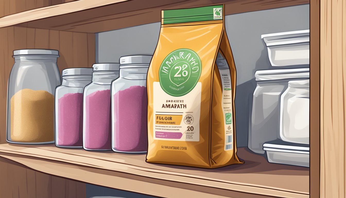 A bag of amaranth flour with a clear expiration date sitting on a shelf in a pantry