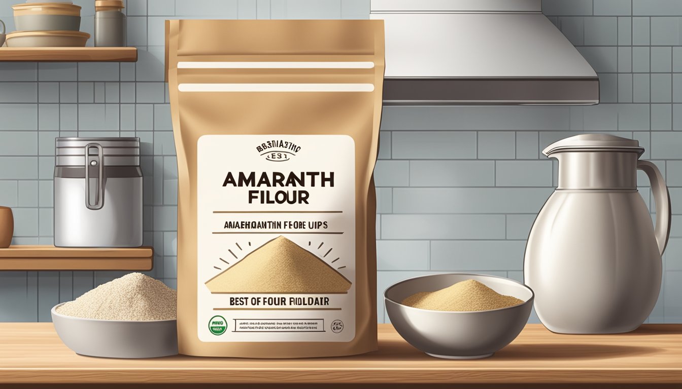 A bag of amaranth flour sitting on a kitchen shelf, with a best before date label and a measuring cup next to it