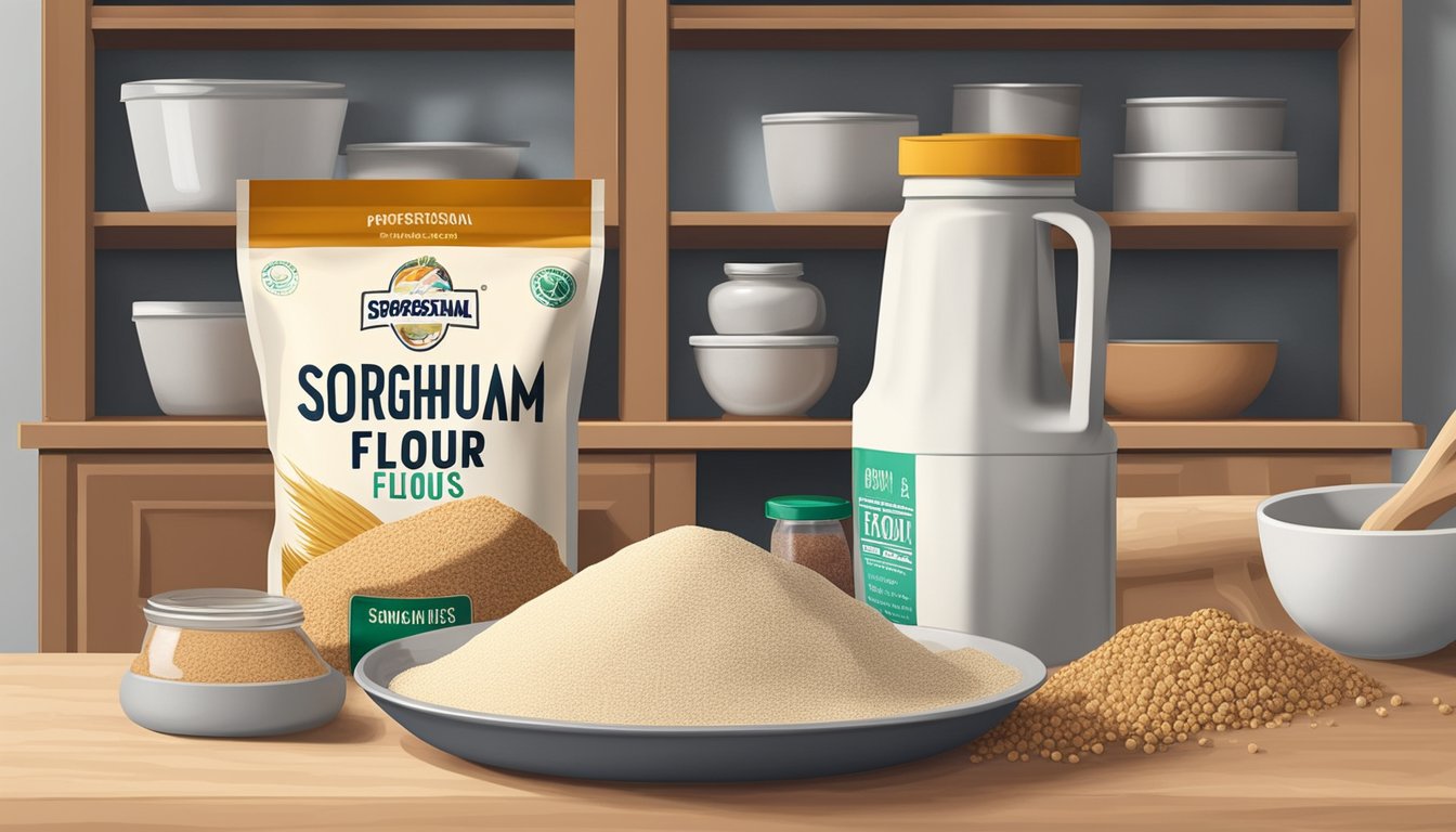 A bag of sorghum flour sits on a kitchen shelf, surrounded by other baking ingredients. The expiration date on the packaging is clearly visible