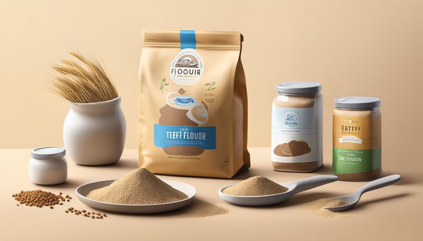 A bag of teff flour sits on a kitchen shelf, surrounded by other baking ingredients. The packaging is unopened and the flour appears fresh and untouched