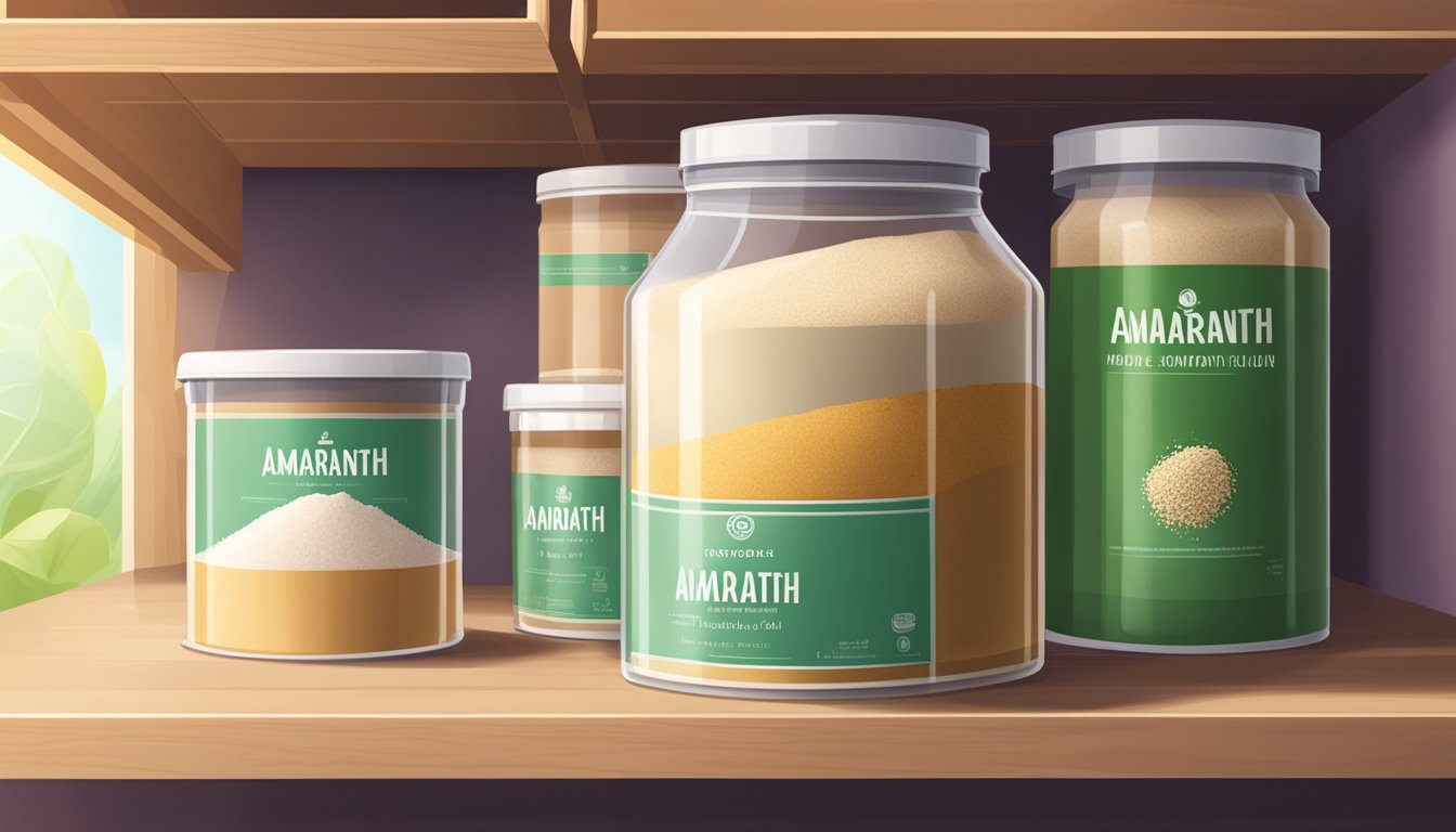 A sealed container of amaranth flour sits on a pantry shelf, away from direct sunlight and moisture