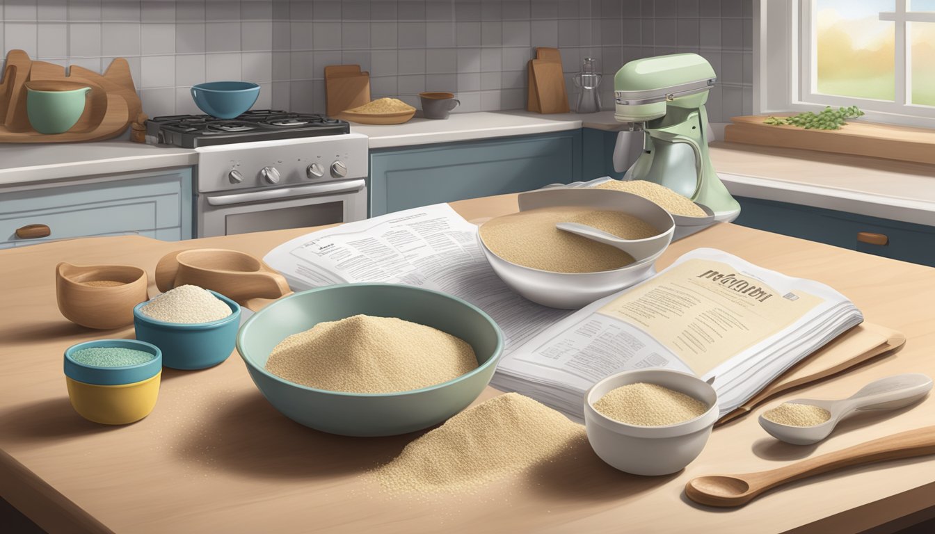 A bag of amaranth flour sits open on a kitchen counter, surrounded by measuring spoons, a mixing bowl, and a recipe book