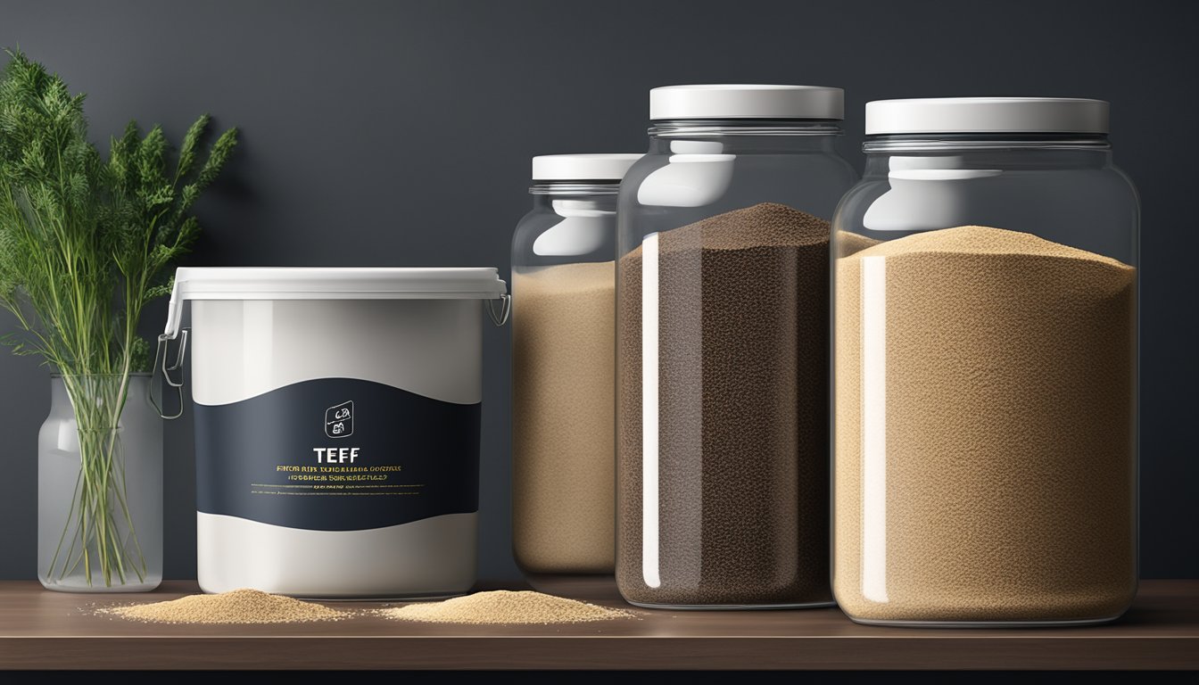 A sealed, airtight container of teff flour stored in a cool, dark pantry