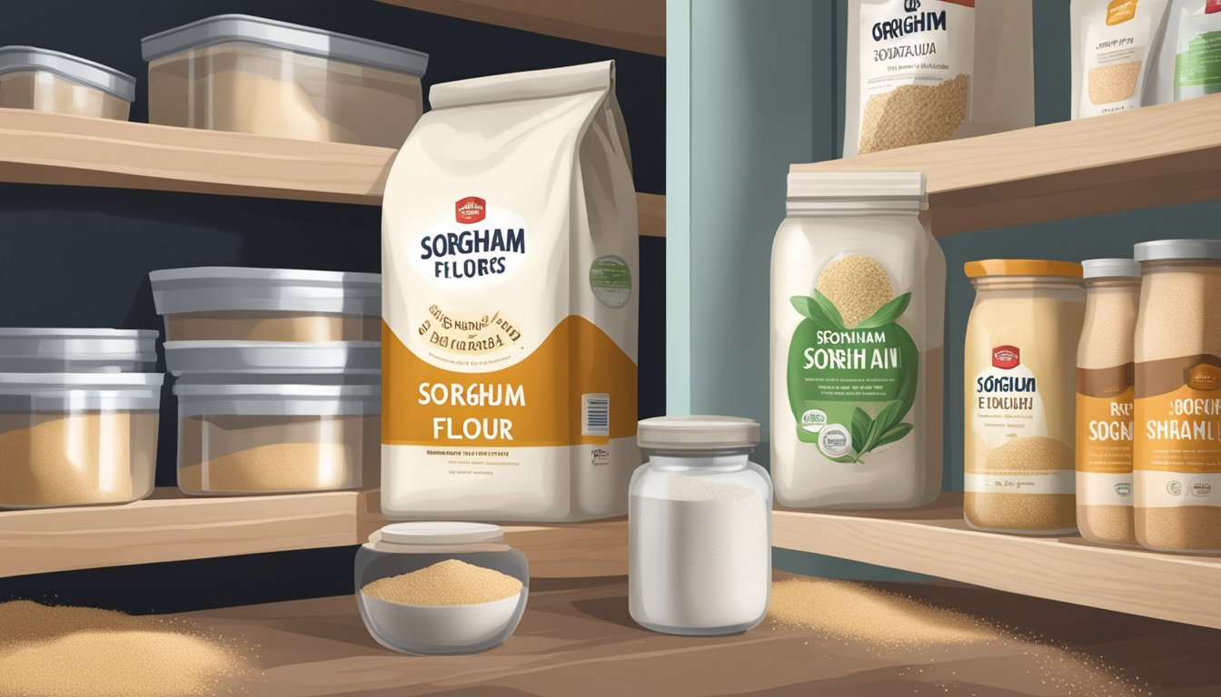 A bag of sorghum flour sits on a clean, organized pantry shelf, sealed tightly to prevent air exposure