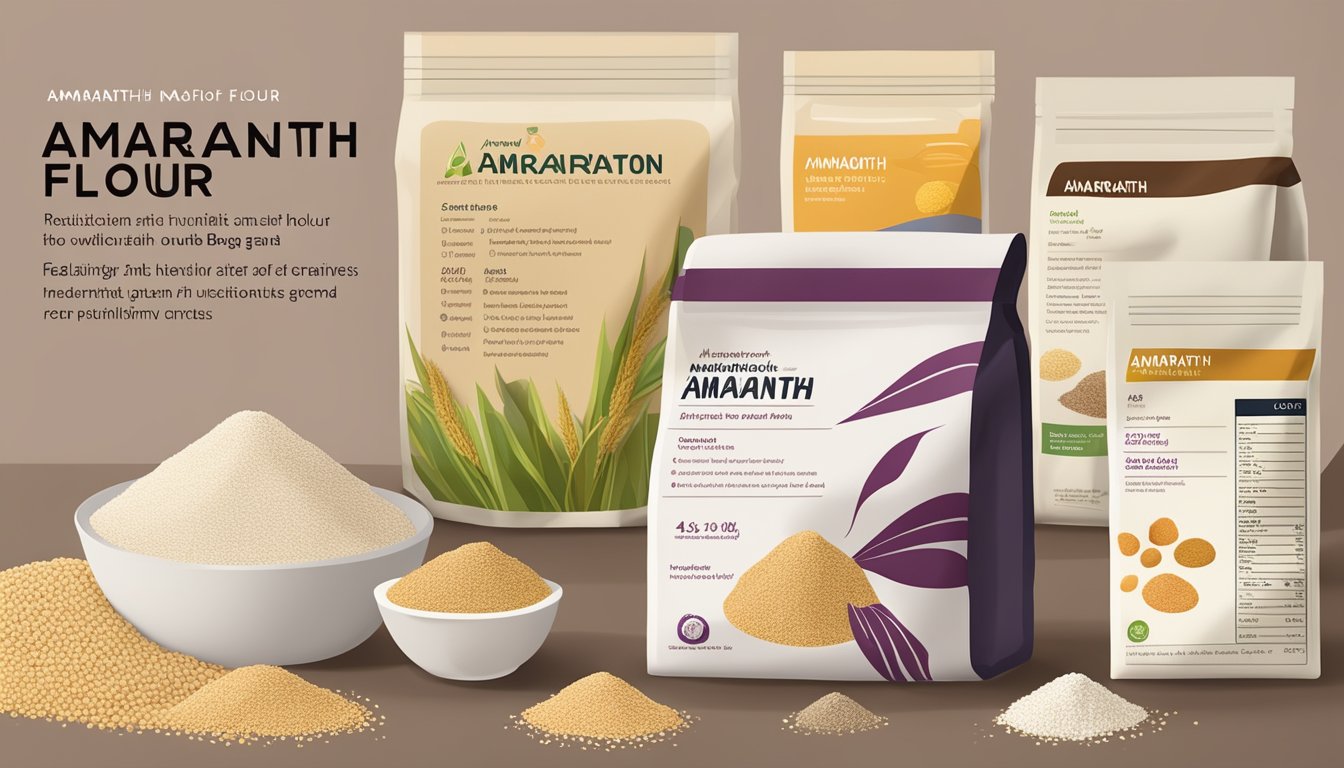 A bag of amaranth flour sits next to various other grains, with a comparison chart showing their nutritional values