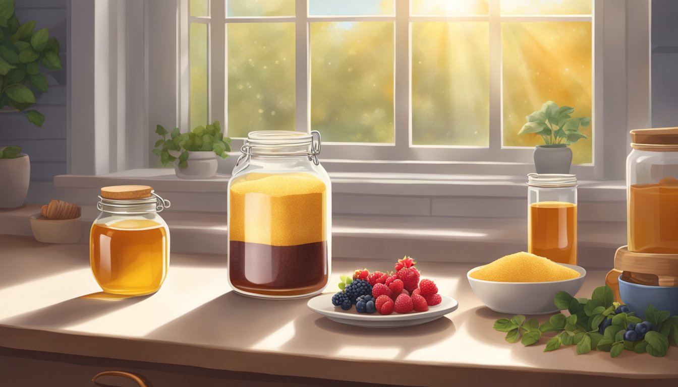 A bag of amaranth flour sits on a kitchen counter next to a jar of honey and a bowl of fresh berries. Sunshine streams through the window, casting a warm glow on the ingredients