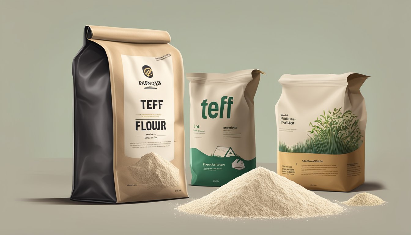 A bag of teff flour sits next to a pile of expired and moldy flour, while a fresh batch of teff flour remains unopened