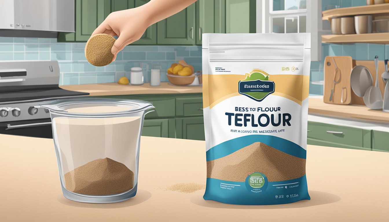 A bag of teff flour sits on a kitchen counter, with a best-by date visible. Nearby, a hand reaches for a measuring cup