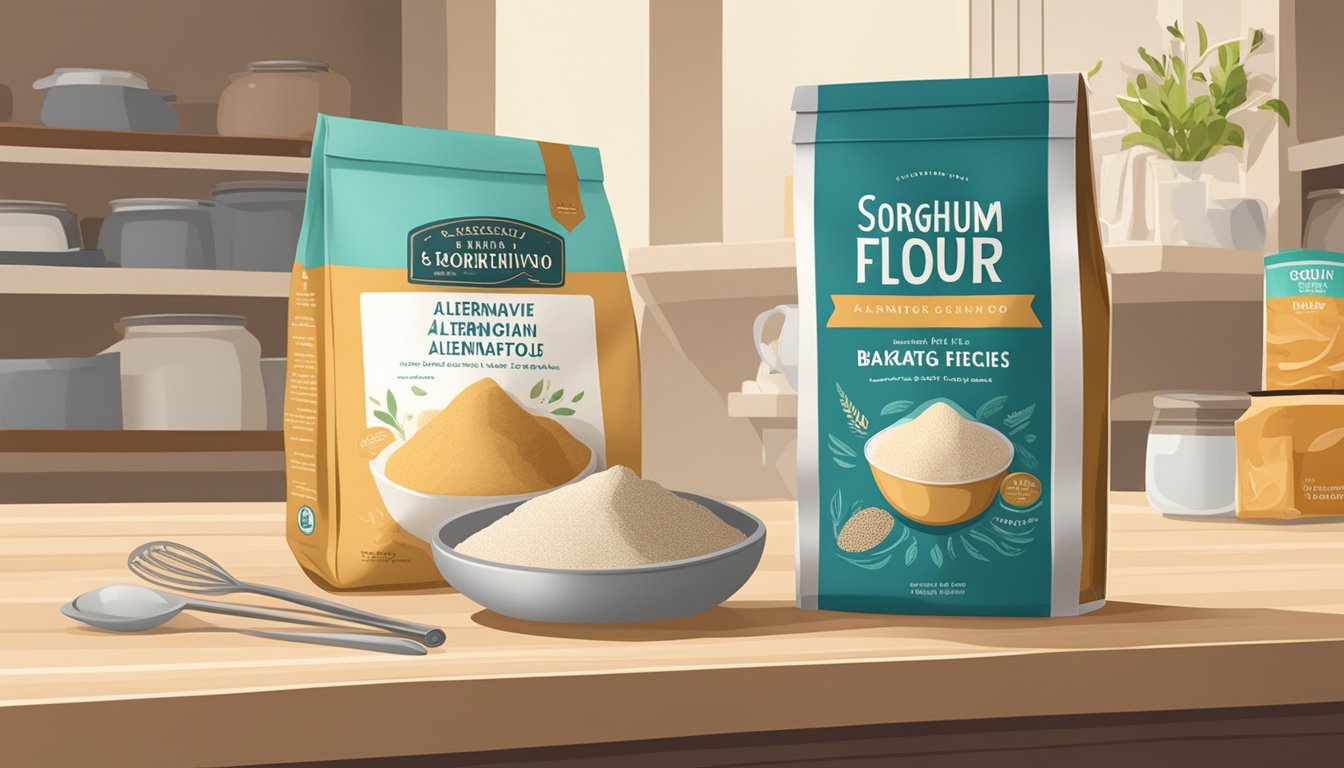 A bag of sorghum flour sits on a pantry shelf next to other baking ingredients, with an open cookbook nearby showing recipes for alternative flour use