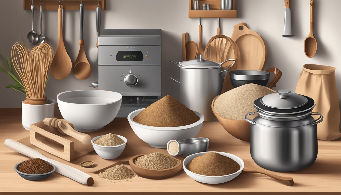 A kitchen scene with a bag of teff flour open on the counter, surrounded by traditional and modern cooking utensils and ingredients