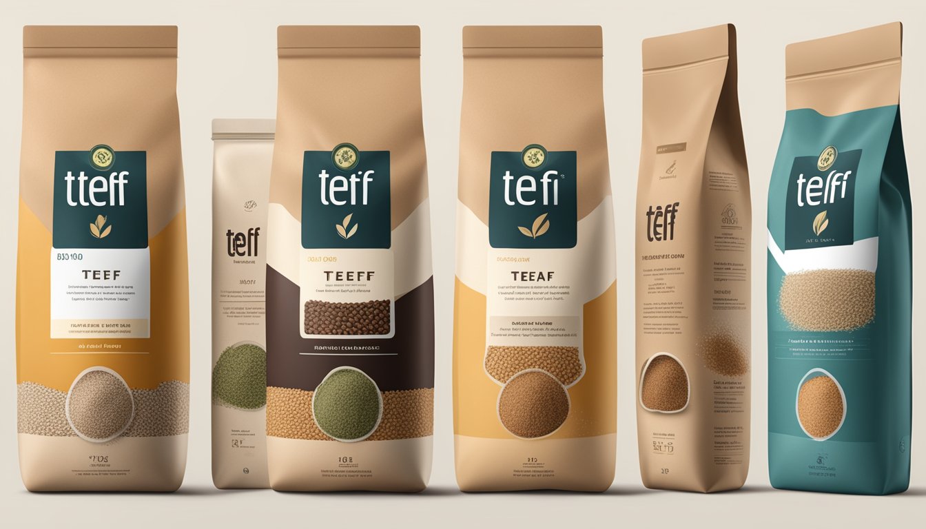 A variety of teff grains and teff flour in different packaging, with expiration dates visible