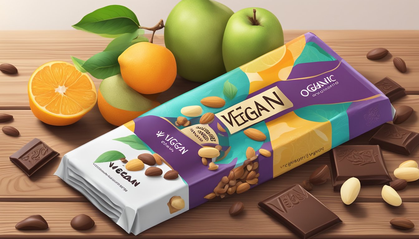 A stack of vegan chocolate bars sits on a wooden table, surrounded by colorful fruits and nuts. The packaging is labeled with the words "vegan" and "organic."