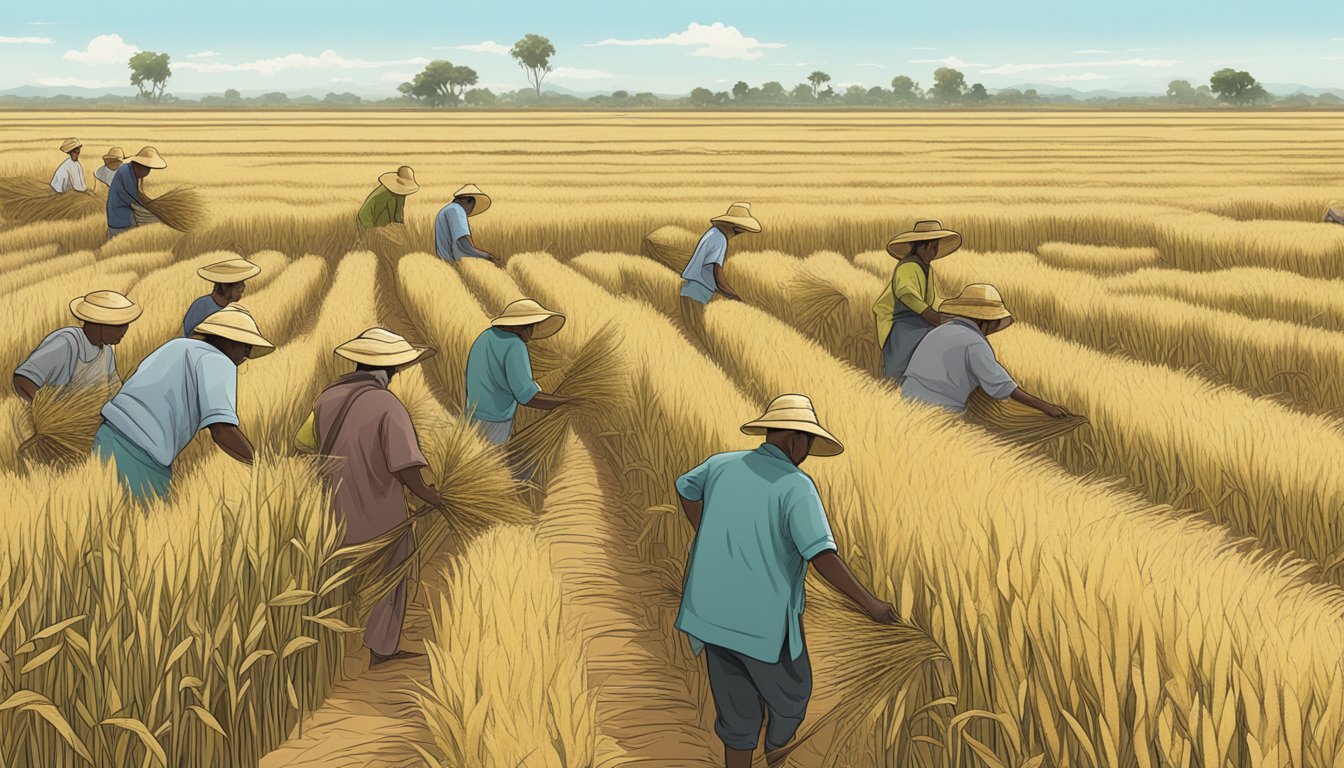 A field of teff plants stretching to the horizon, with people harvesting and milling the grain into flour