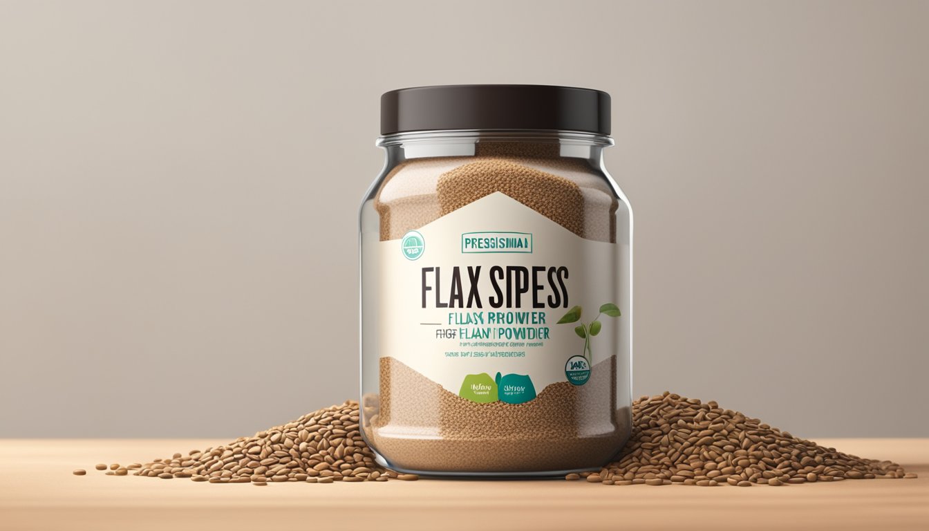 A jar of flax protein powder sits on a kitchen counter, surrounded by whole flaxseeds and a few opened capsules. The label on the jar is faded and peeling