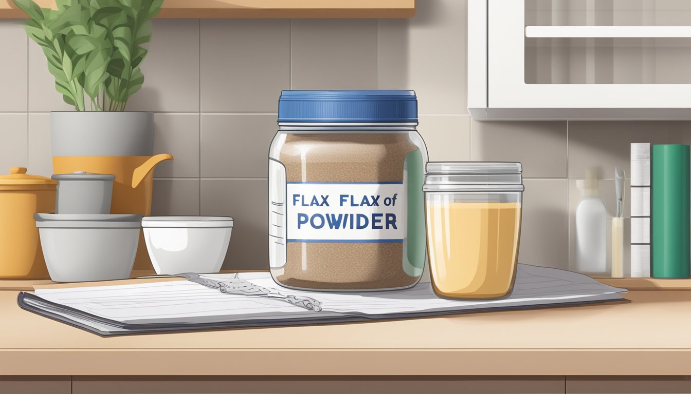 A jar of flax protein powder sits on a kitchen shelf, next to a calendar marking the expiration date