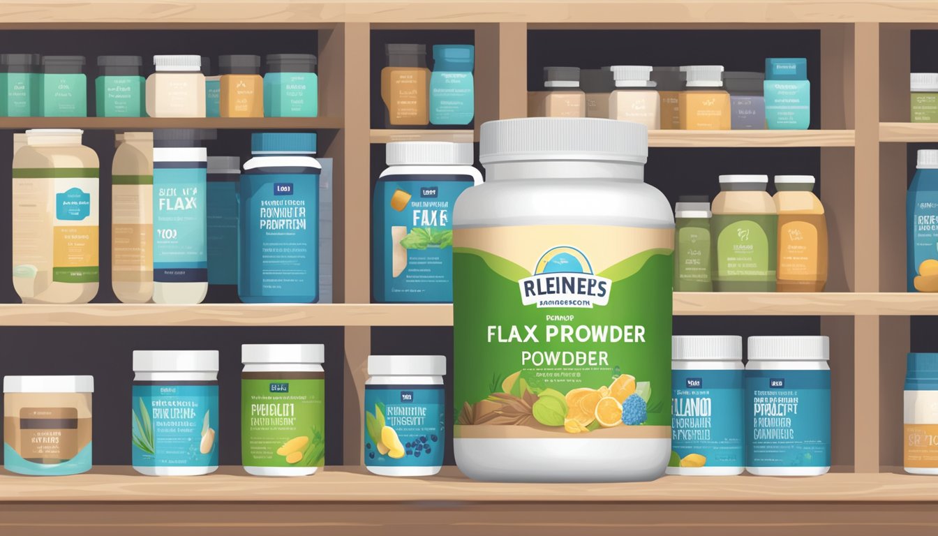 A jar of flax protein powder sits on a shelf surrounded by other health supplements. The label is clean and intact, indicating it is still good to use