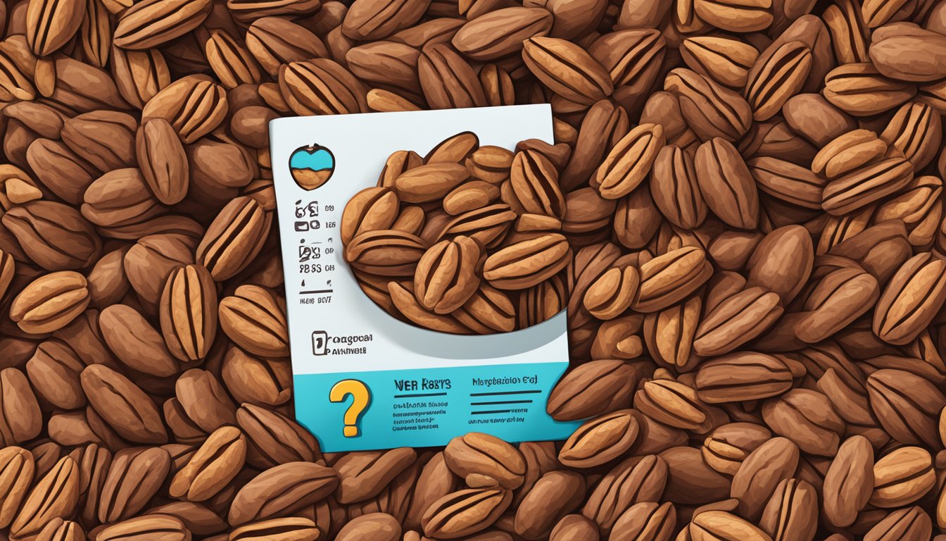 A pile of pecans with a nutritional label and a question mark