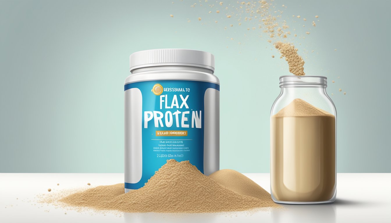 A bottle of flax protein powder with a broken seal, clumped and discolored contents, and a foul odor emanating from it