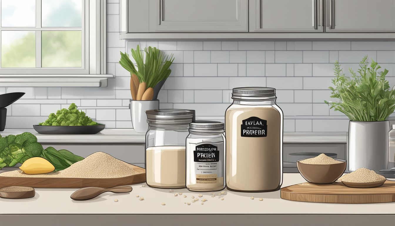 A jar of flax protein powder sits on a kitchen counter, surrounded by fresh ingredients and a blender. The expiration date is visible on the label