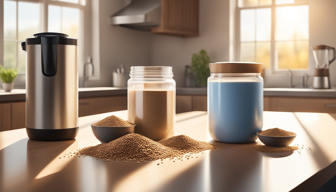 A jar of flax protein powder sits on a kitchen counter next to a bowl of flaxseeds and a blender. Sunlight streams through the window, casting a warm glow on the scene