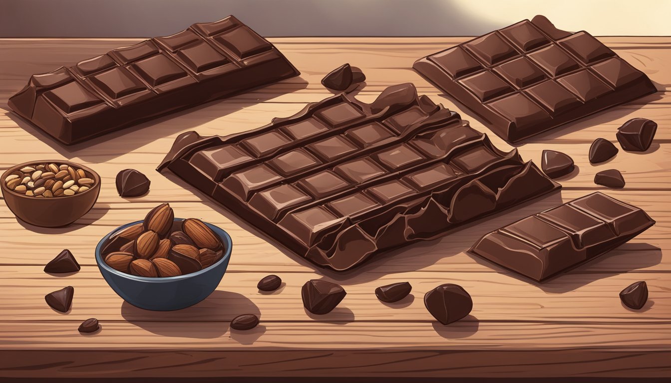 A bar of vegan chocolate sits on a rustic wooden table, surrounded by scattered cacao beans and a few pieces of dried fruit