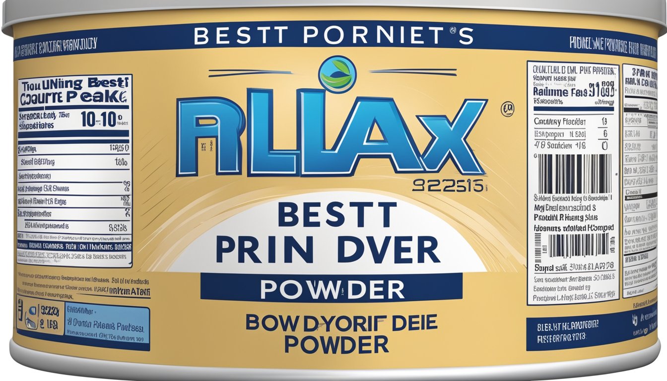 A sealed container of flax protein powder with a "best by" date visible on the label