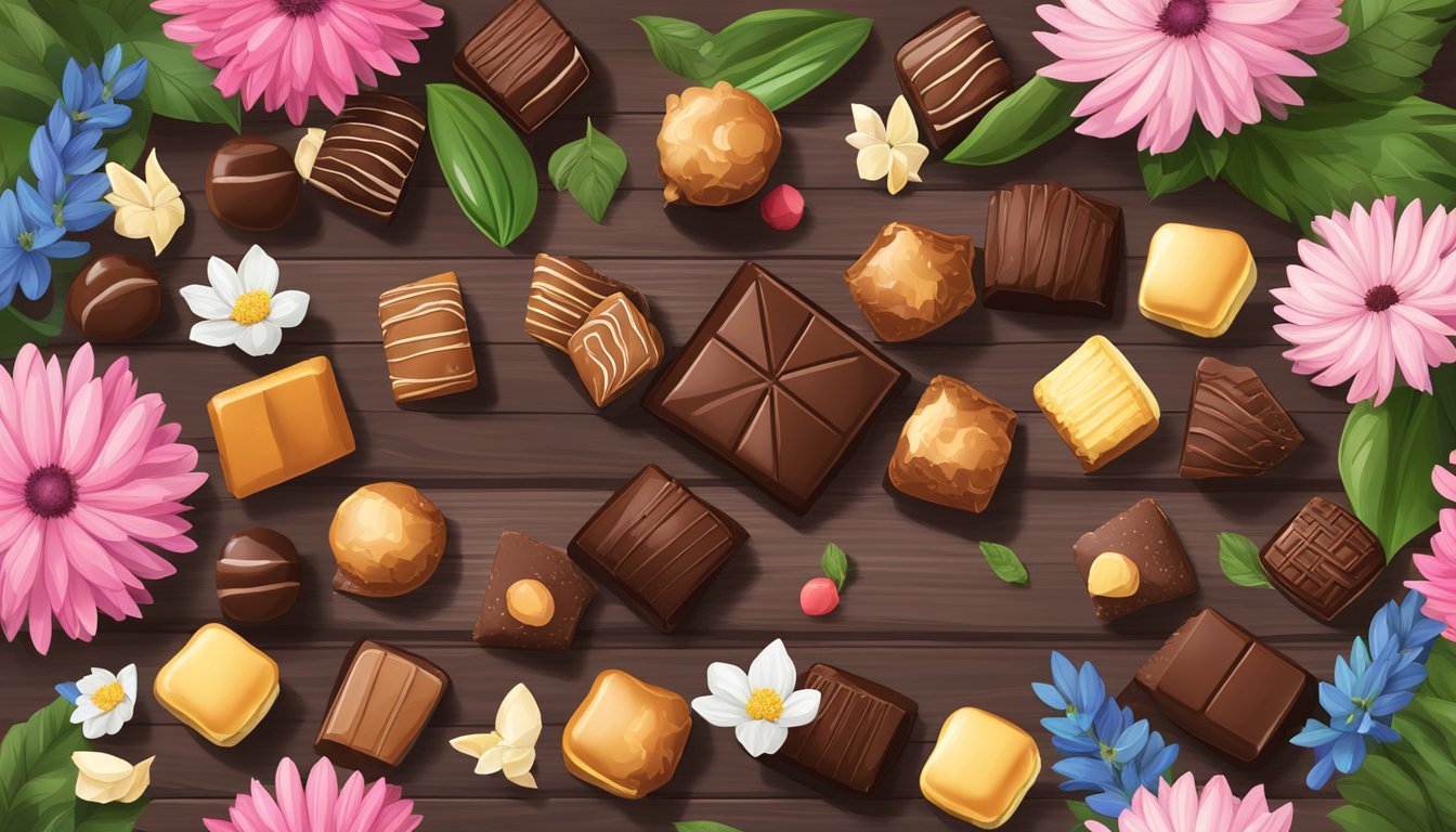 Assorted vegan chocolates arranged on a rustic wooden table, surrounded by colorful flowers and greenery