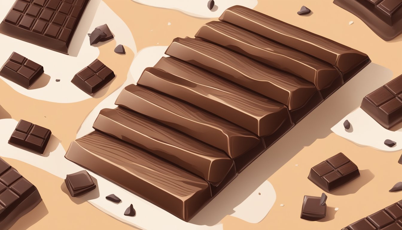 A stack of vegan chocolate bars sits on a kitchen counter, with one bar opened and broken in half, revealing a smooth and creamy interior